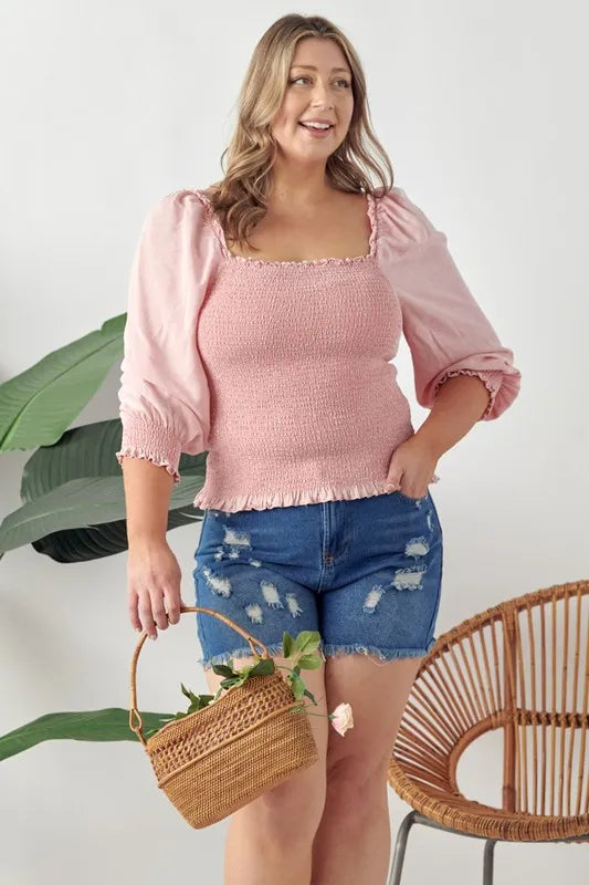GeeGee Full Size Ruffled Smocked Frill Square Neck Top Plus Size - LoveNest Treasures