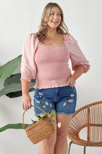 GeeGee Full Size Ruffled Smocked Frill Square Neck Top Plus Size - LoveNest Treasures