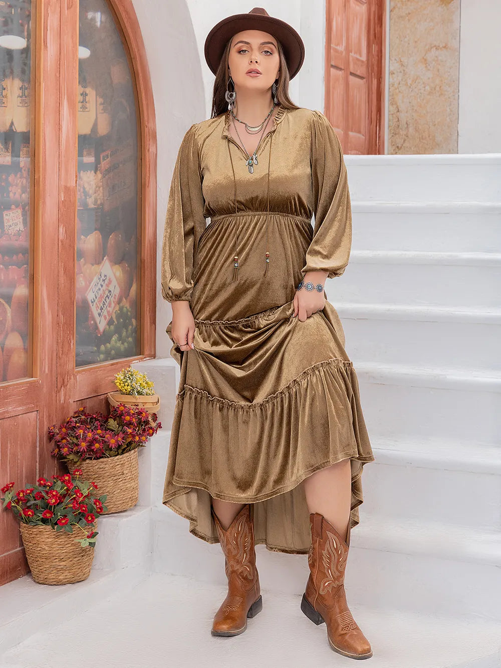 Plus Size Frill Tie Neck Long Sleeve Dress - LoveNest Treasures