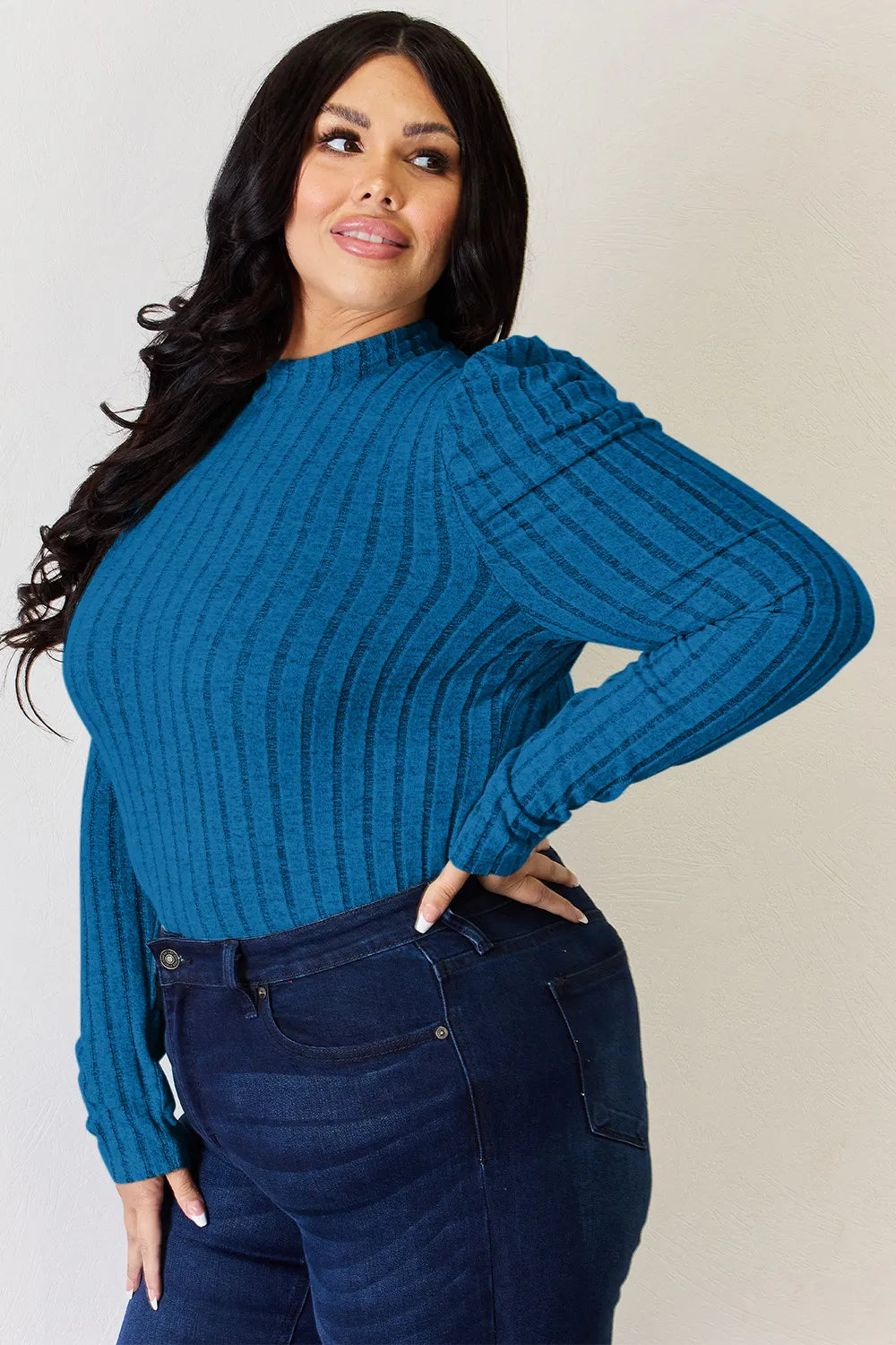 Basic Bae Full Size Ribbed Mock Neck Puff Sleeve T-Shirt - LoveNest Treasures