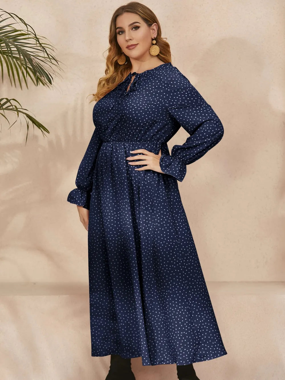 Honey Plus Size Ruffled Polka Dot Long Sleeve Midi Dress - LoveNest Treasures