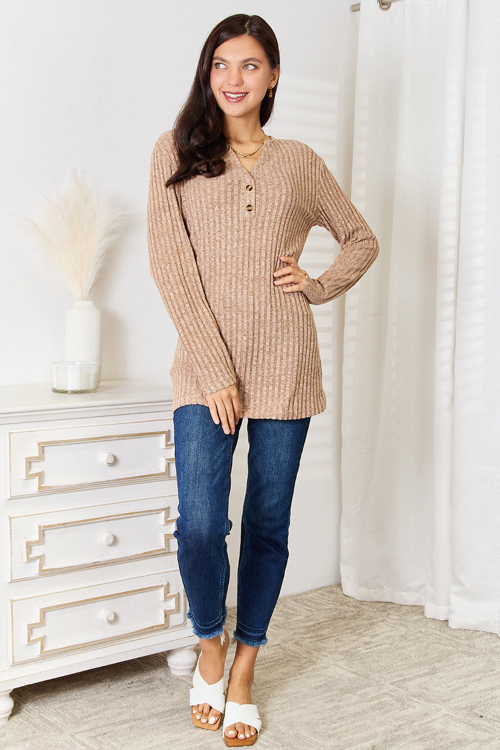 Double Take Notched Neck Ribbed Long Sleeve T-Shirt - LoveNest Treasures