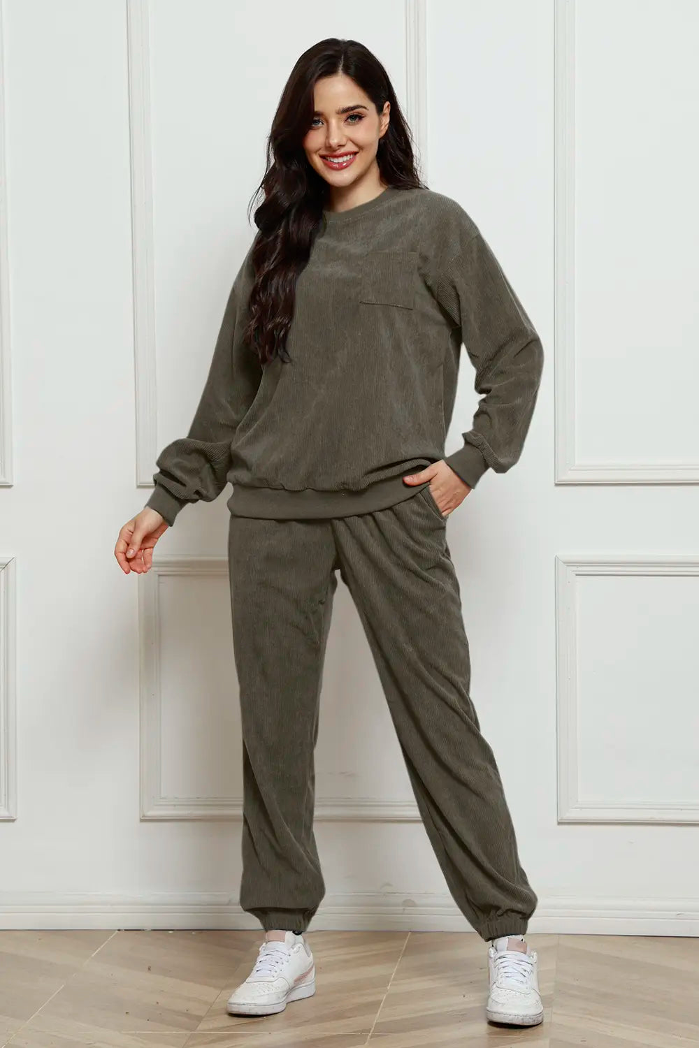 Corduroy Round Neck Sweatshirt and Sweatpants Set - LoveNest Treasures