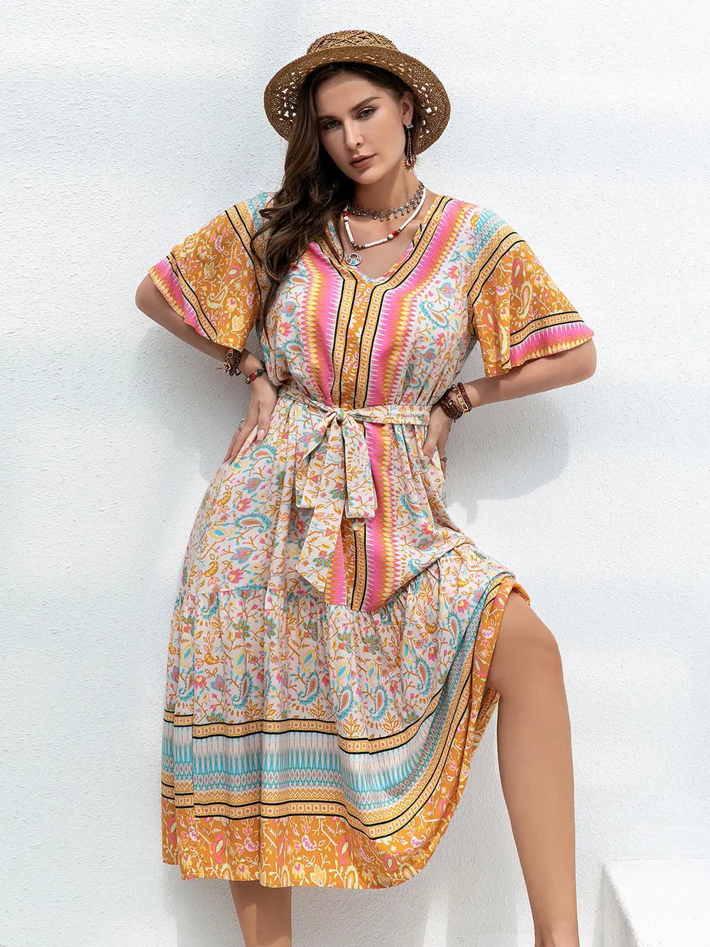 Plus Size Floral Tied Short Sleeve Midi Dress - LoveNest Treasures