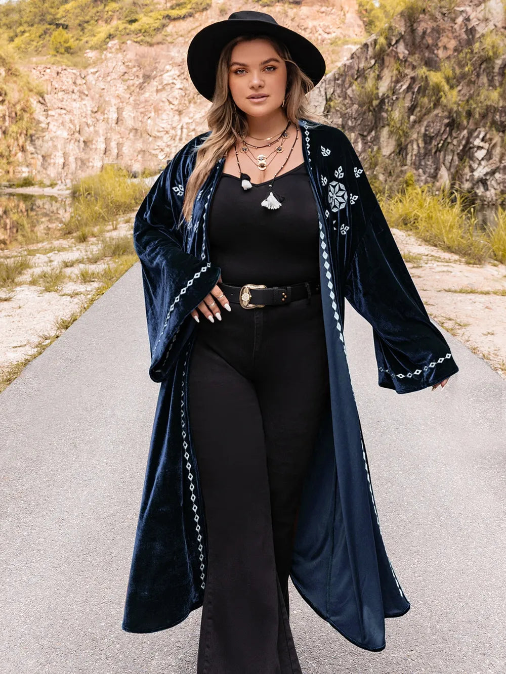 Plus Size Embroidery Open Front Long Sleeve Cardigan - LoveNest Treasures