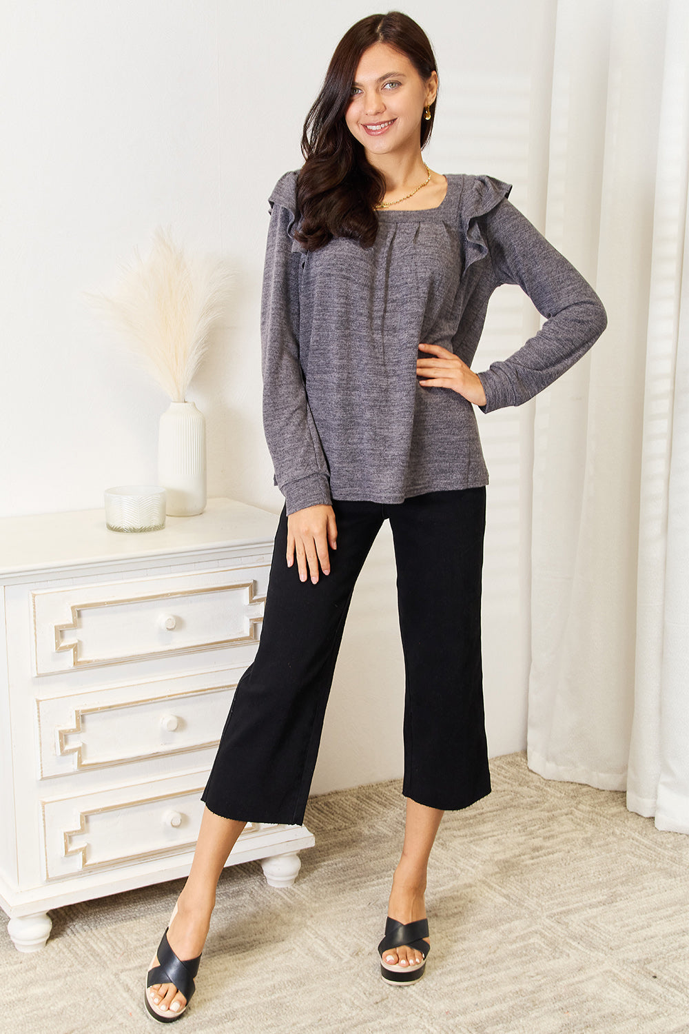 Double Take Square Neck Ruffle Shoulder Long Sleeve T-Shirt - LoveNest Treasures