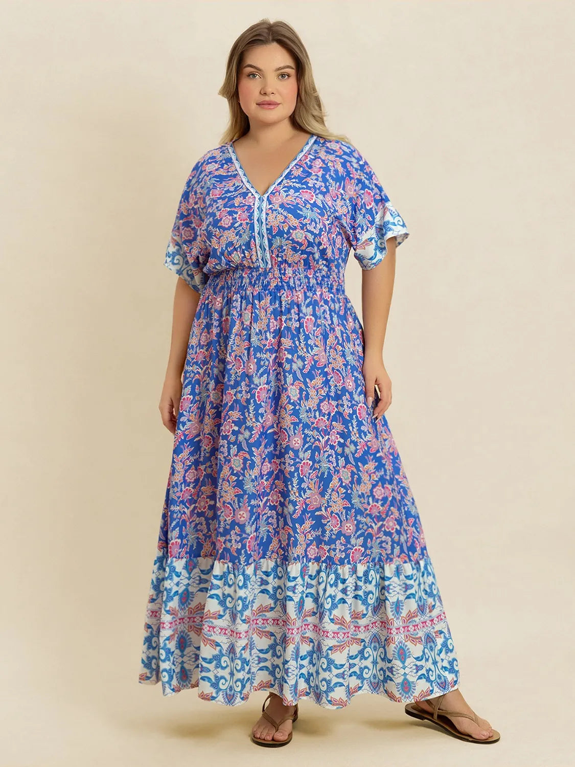 Plus Size Smocked Printed Half Sleeve Midi Dress - LoveNest Treasures