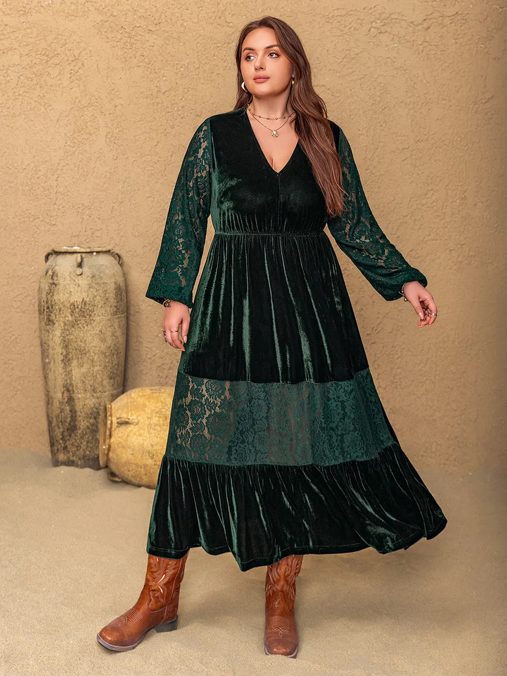 Plus Size Lace Patchwork V-Neck Balloon Sleeve Midi Dress - LoveNest Treasures
