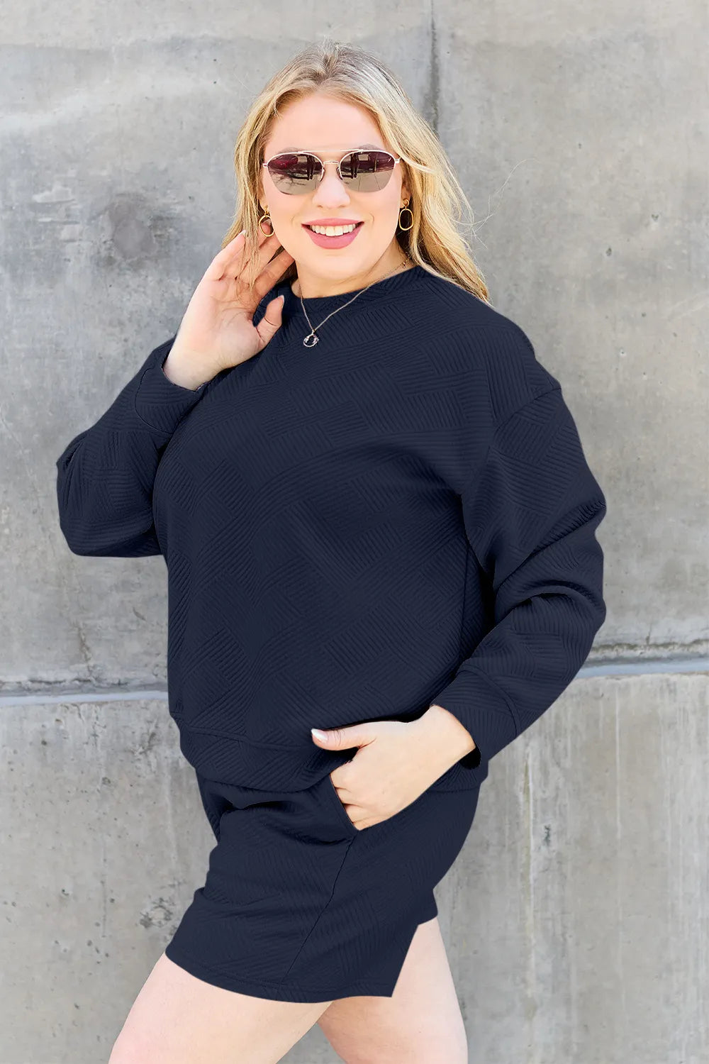 Double Take Full Size Texture Long Sleeve Top and Drawstring Shorts Set - LoveNest Treasures