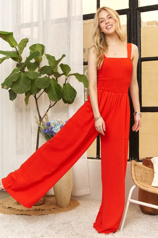 ADORA Full Size Smocking Top Wide Leg Jumpsuit Plus Size - LoveNest Treasures