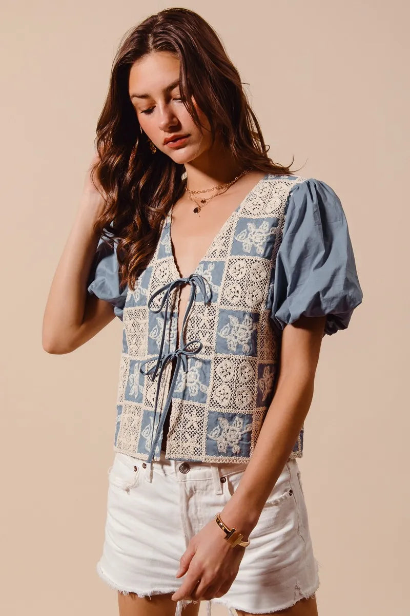 SO ME Crochet Lace Tie Front V Neck Blouse Top - LoveNest Treasures