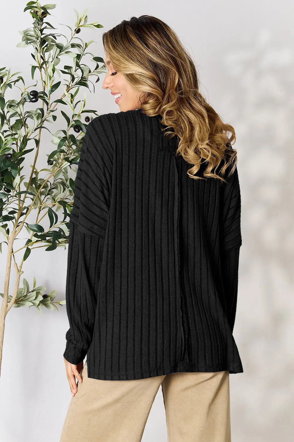 Basic Bae Full Size Ribbed Round Neck Slit Knit Top - LoveNest Treasures