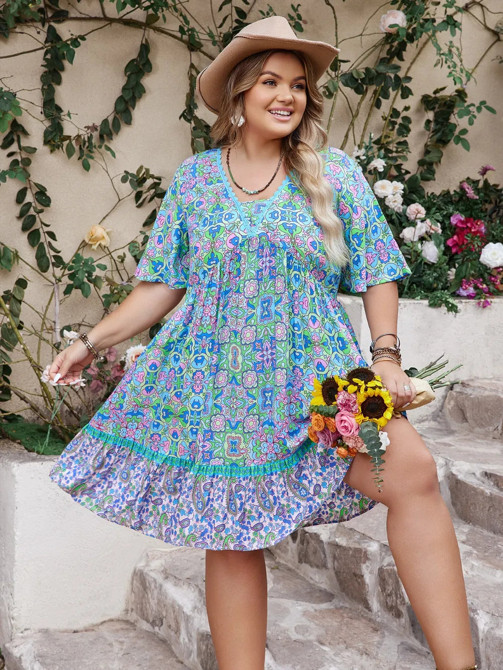 Plus Size Ruffled Hem Lace Detail Printed Half Sleeve Dress - LoveNest Treasures