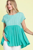 Lime 'N' Chili Full Size Embroidered Short Sleeve Pleated Babydoll Top Plus Size - LoveNest Treasures