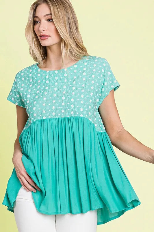 Lime 'N' Chili Full Size Embroidered Short Sleeve Pleated Babydoll Top Plus Size - LoveNest Treasures