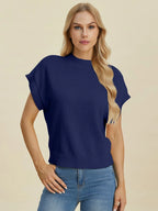 Double Take Full Size Mock Neck Short Sleeve Sweater - LoveNest Treasures