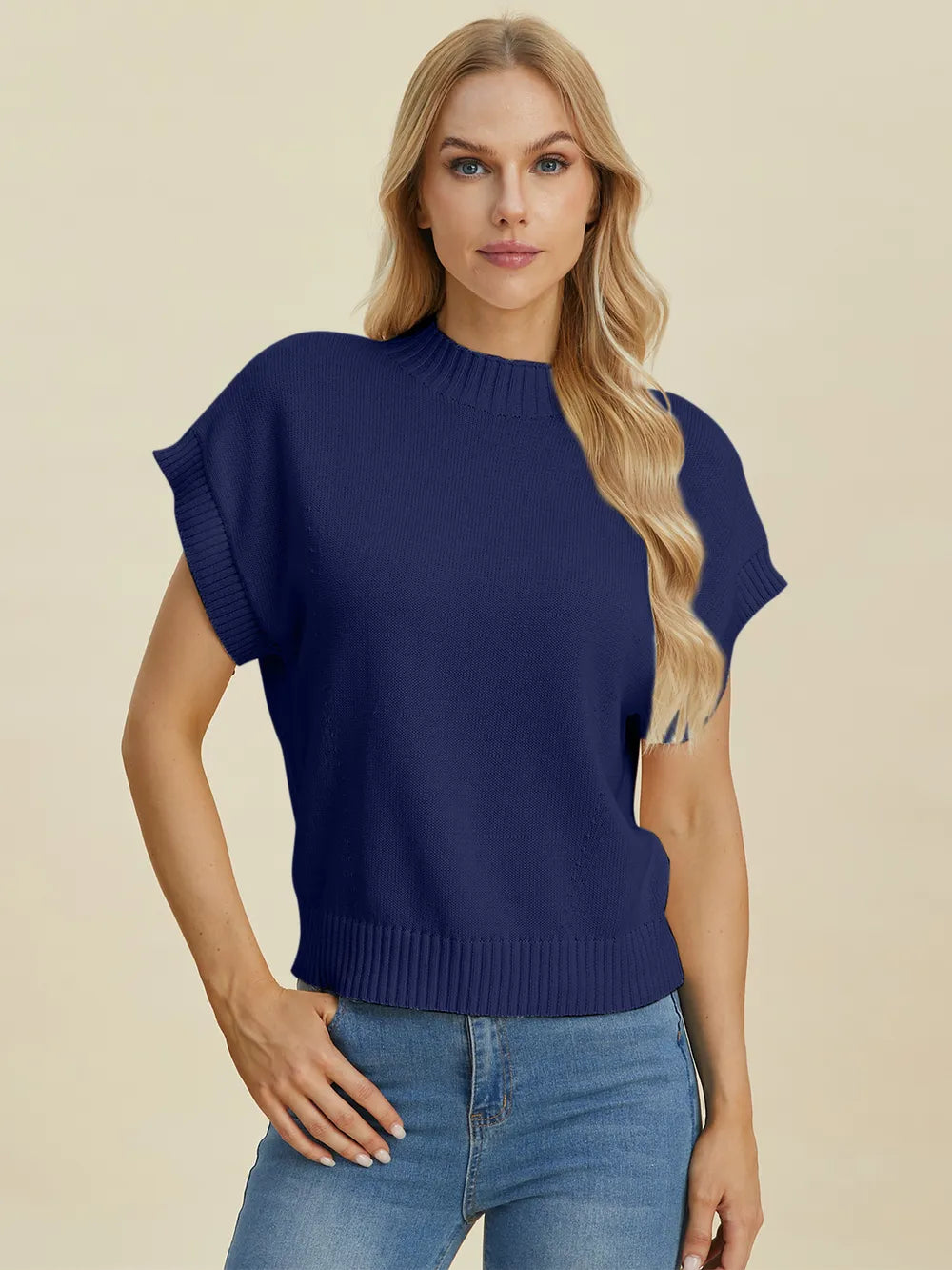 Double Take Full Size Mock Neck Short Sleeve Sweater - LoveNest Treasures