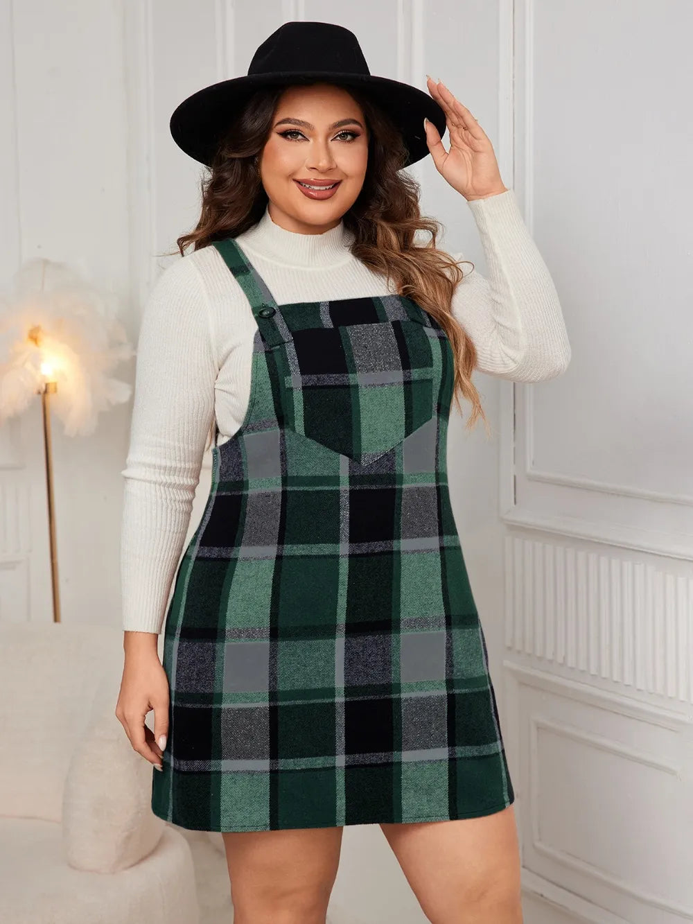 Honey Plus Size Plaid Wide Strap Overall Dress - LoveNest Treasures