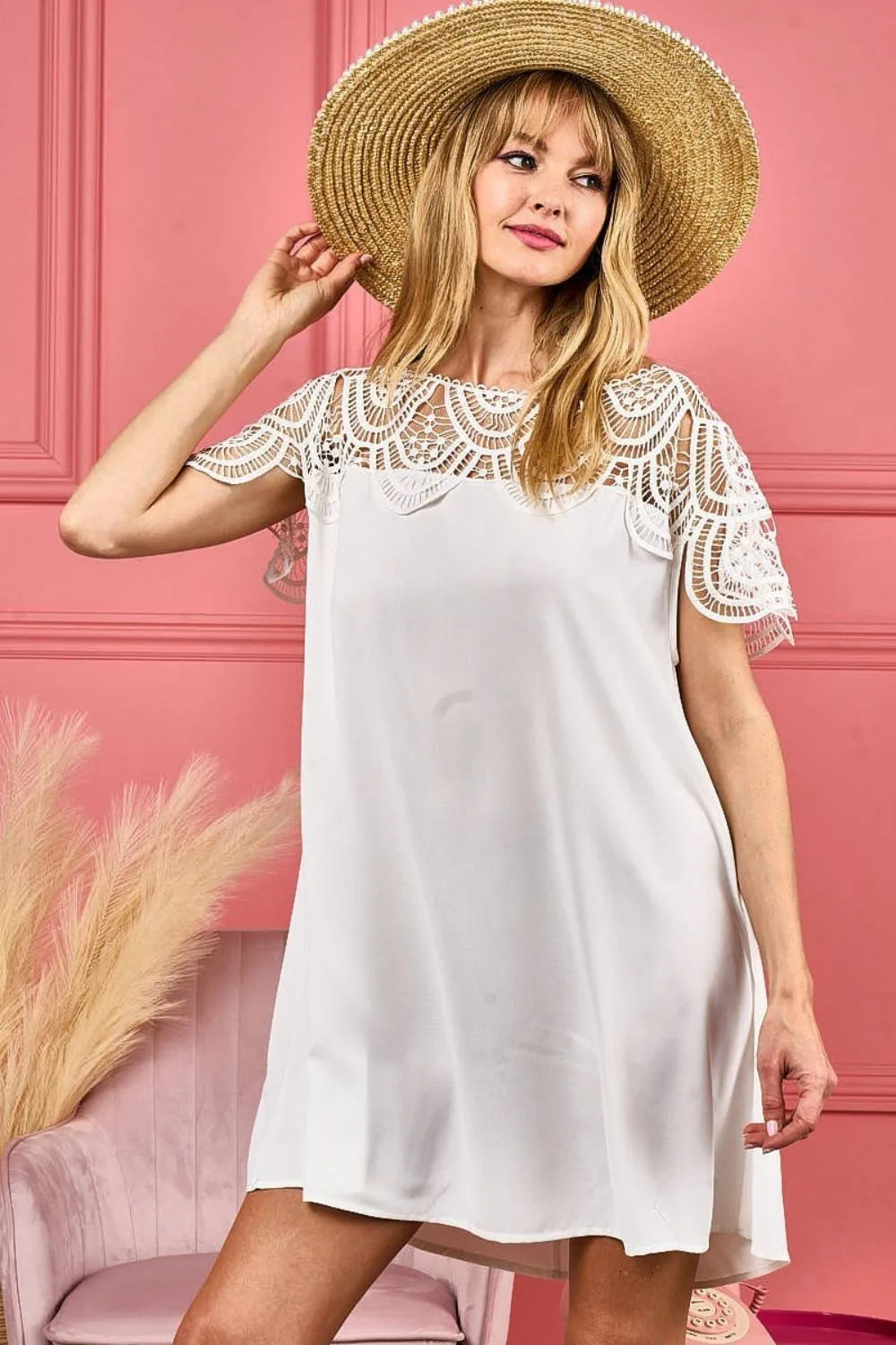 BiBi Crochet Lace Yoke Detailed Wrinkled Dress - LoveNest Treasures