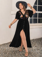 Plus Size Embroidered V-Neck Flutter Sleeve Maxi Dress - LoveNest Treasures