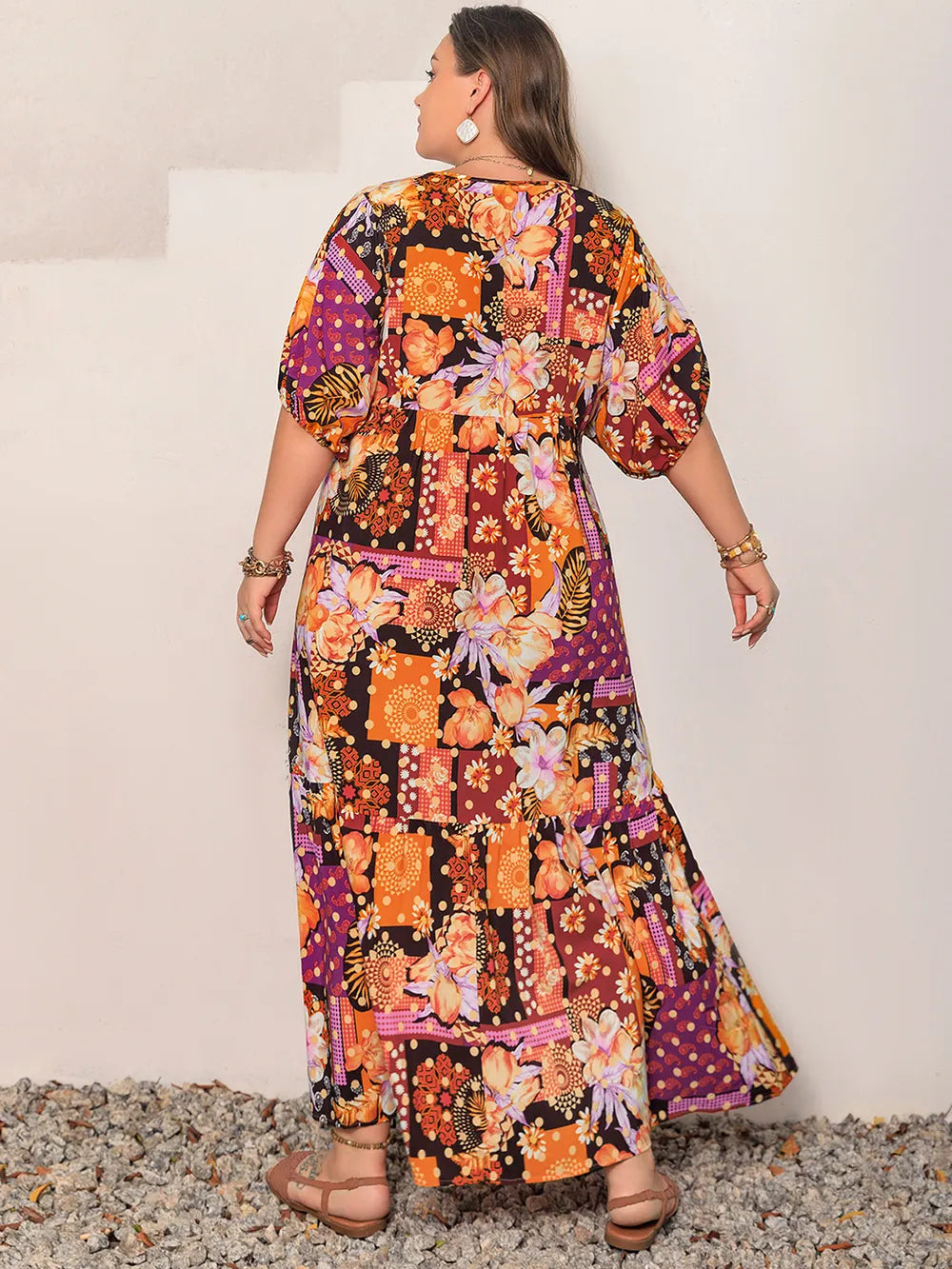 Plus Size Printed V-Neck Half Sleeve Maxi Dress - LoveNest Treasures