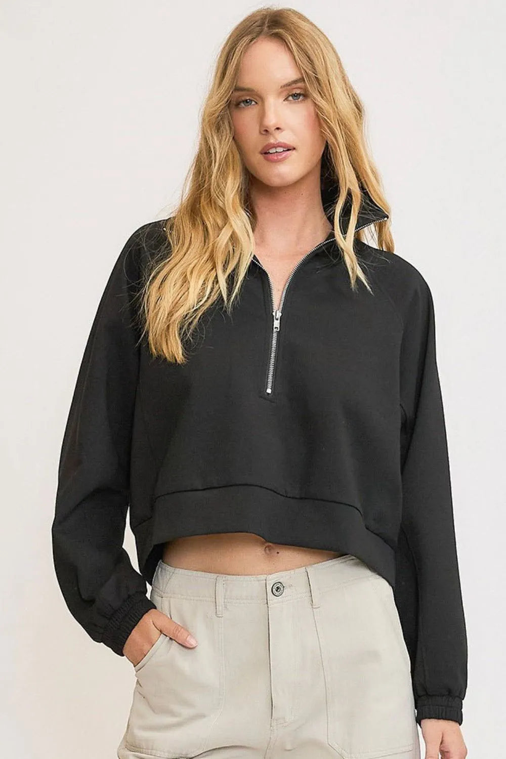 Umgee Full Size Half Zip Cropped Sweatshirt Plus Size - LoveNest Treasures