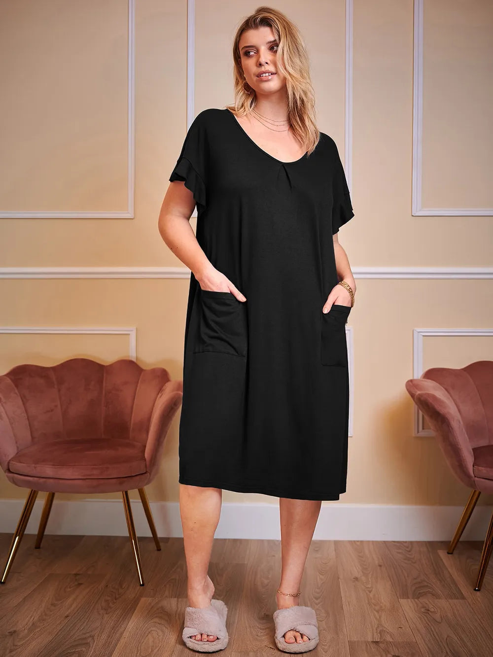 Plus Size Round Neck Short Sleeve Lounge Dress - LoveNest Treasures