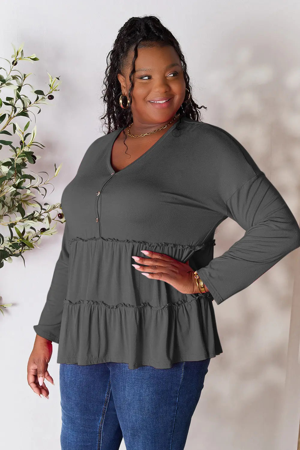 Double Take Half Button Long Sleeve Ruffle Hem Blouse - LoveNest Treasures