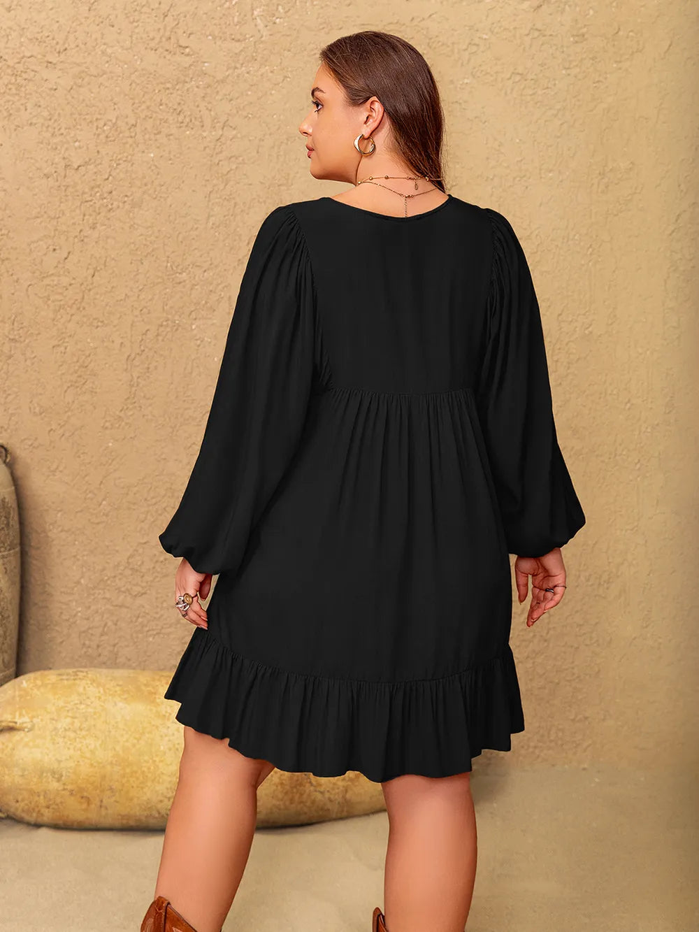 Plus Size Embroidered Tie Neck Long Sleeve Mini Dress - LoveNest Treasures