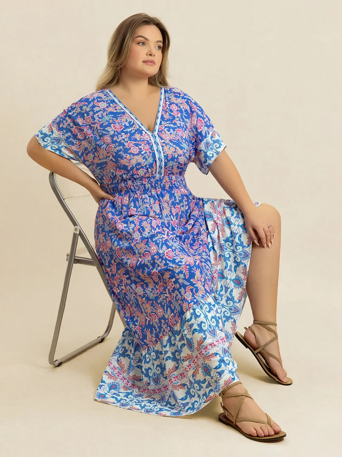 Plus Size Smocked Printed Half Sleeve Midi Dress - LoveNest Treasures