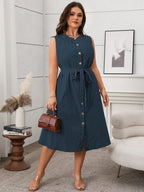 Plus Size Button Front Tie Waist Sleeveless Dress - LoveNest Treasures