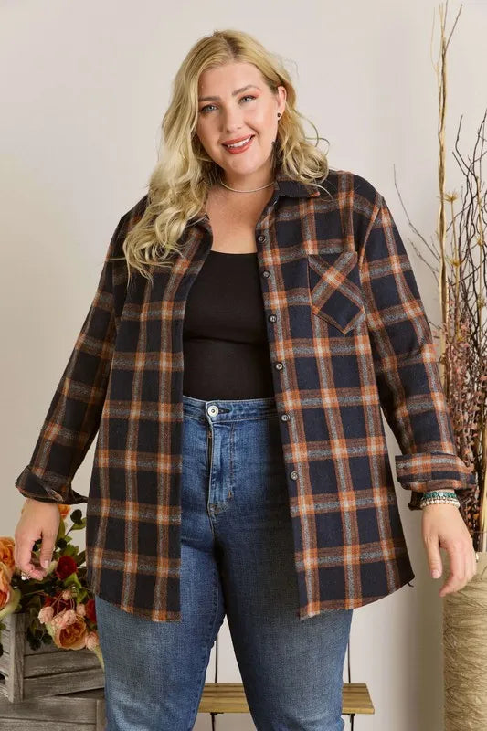 ADORA Full Size Button Down Flannel Shirt Plus Size - LoveNest Treasures