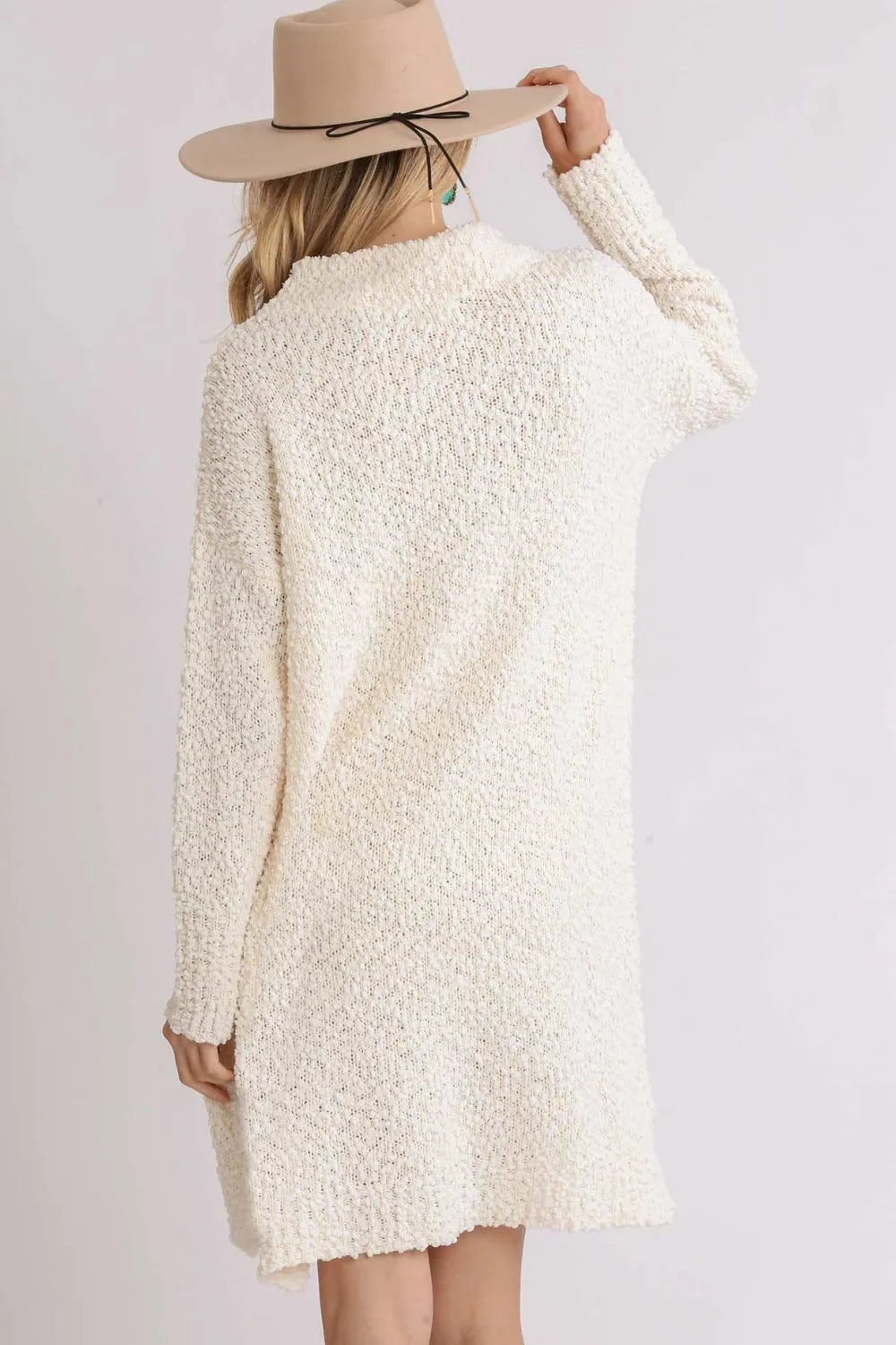 Umgee Full Size High Low Long Sleeve Boucle Sweater Dress Plus Size - LoveNest Treasures