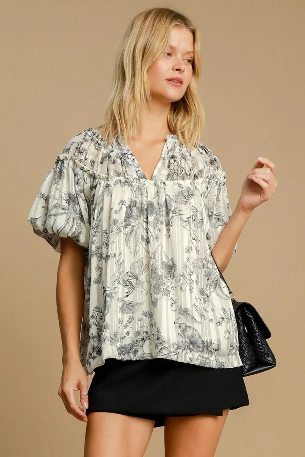 Umgee Full Size Floral Print Metallic Ruffle Blouse Plus Size - LoveNest Treasures