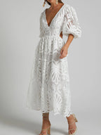 Cutout Back Lace Crochet V-Neck Dress - LoveNest Treasures