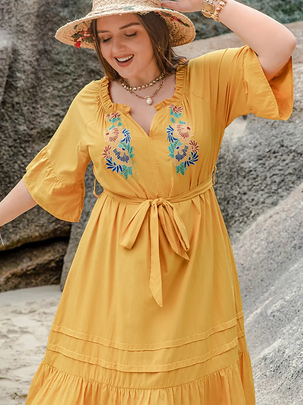 Plus Size Notched Tie Waist Half Sleeve Midi Dress - LoveNest Treasures
