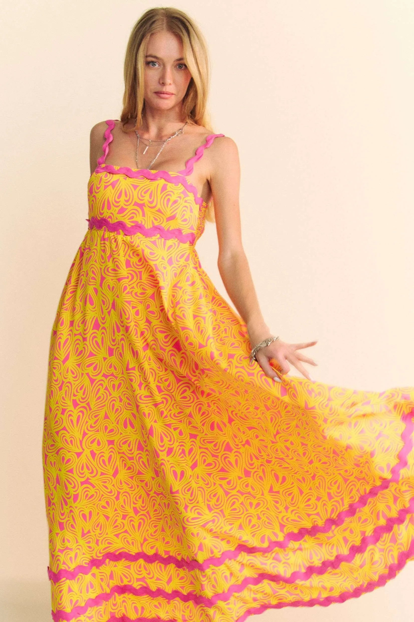 Davi & Dani Geo 2 Tone Printed Wavi Trim Tiered Maxi Dress - LoveNest Treasures