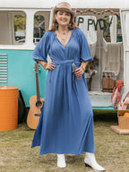Plus Size Ruched Slit Three-Quarter Sleeve Midi Dress - LoveNest Treasures
