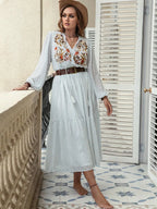 Plus Size Printed Tie Neck Long Sleeve Midi Dress - LoveNest Treasures