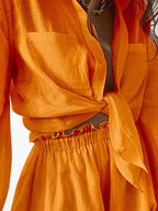 Full Size Button Up Balloon Sleeve Top and Shorts Set Plus Size - LoveNest Treasures