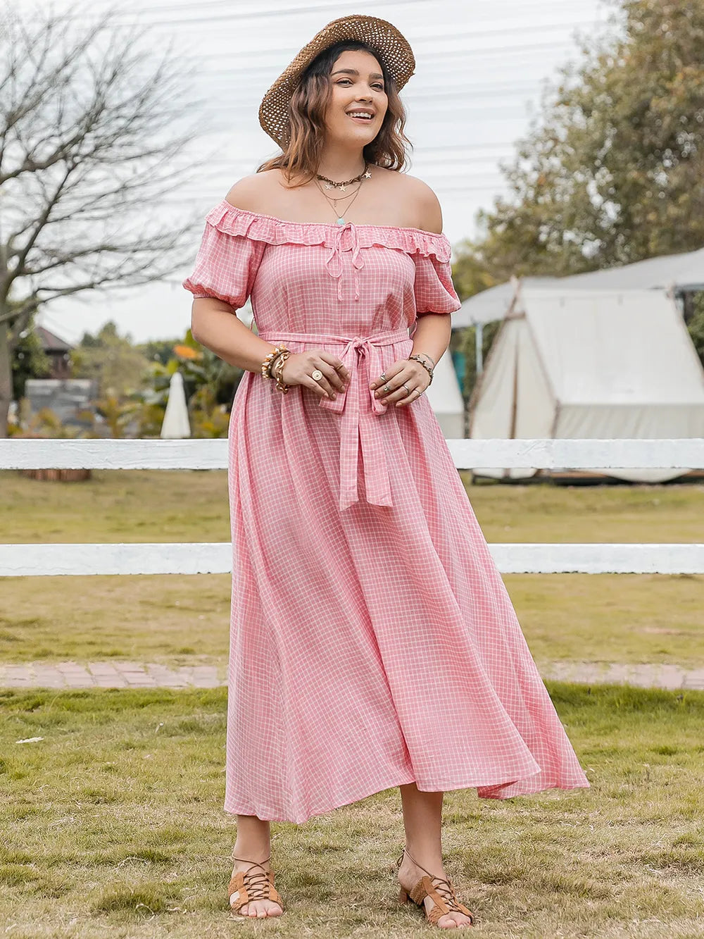 Plus Size Plaid Off-Shoulder Short Sleeve Midi Dress - LoveNest Treasures
