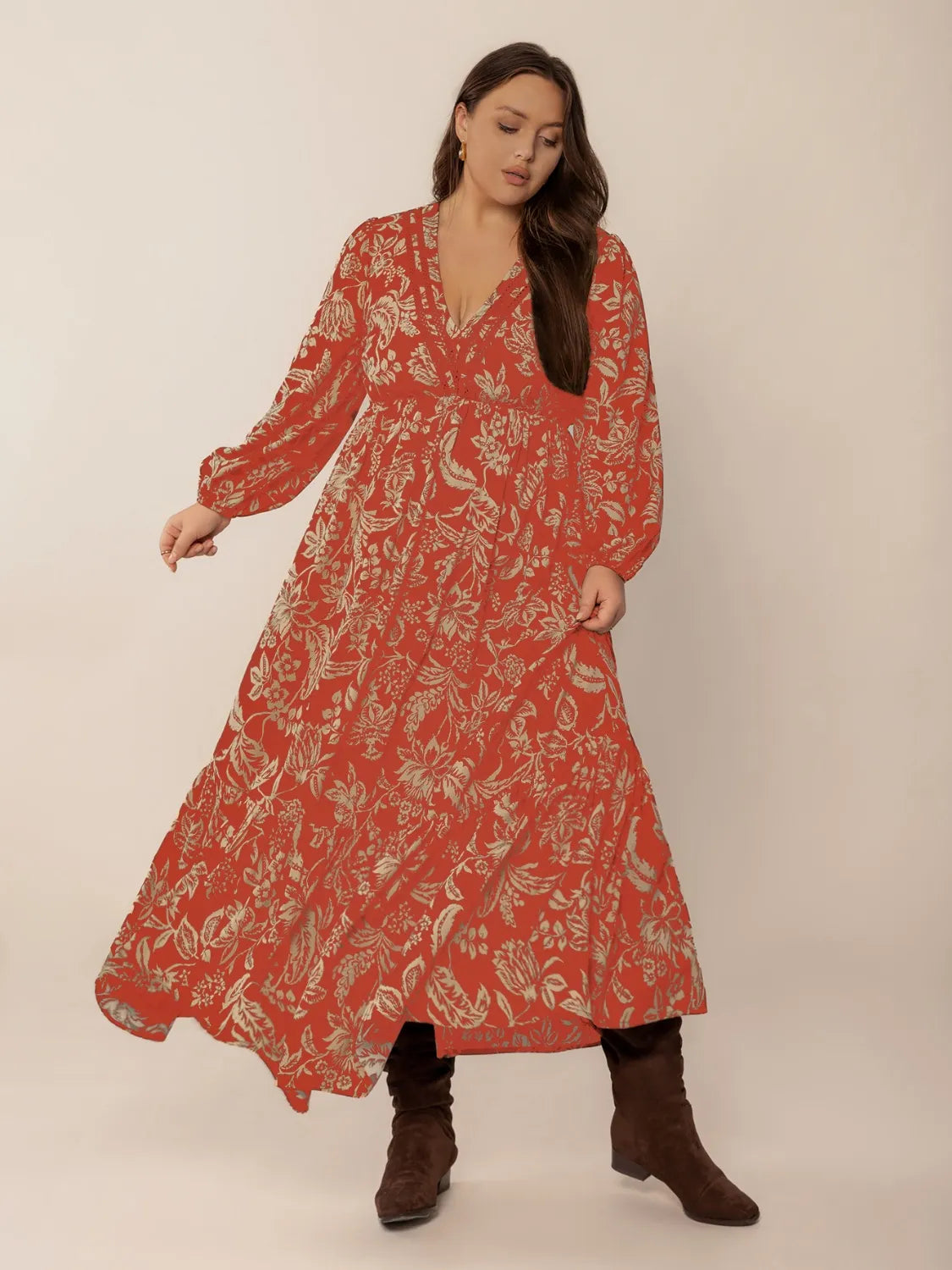 Plus Size Lace Detail Printed Balloon Sleeve Midi Dress - LoveNest Treasures