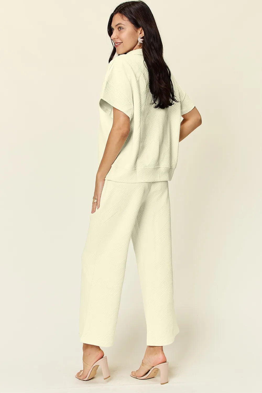 Double Take Full Size Texture Half Zip Short Sleeve Top and Pants Set - LoveNest Treasures