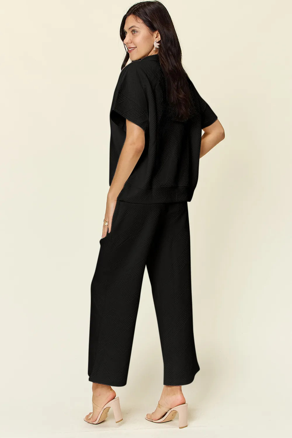 Double Take Full Size Texture Half Zip Short Sleeve Top and Pants Set - LoveNest Treasures