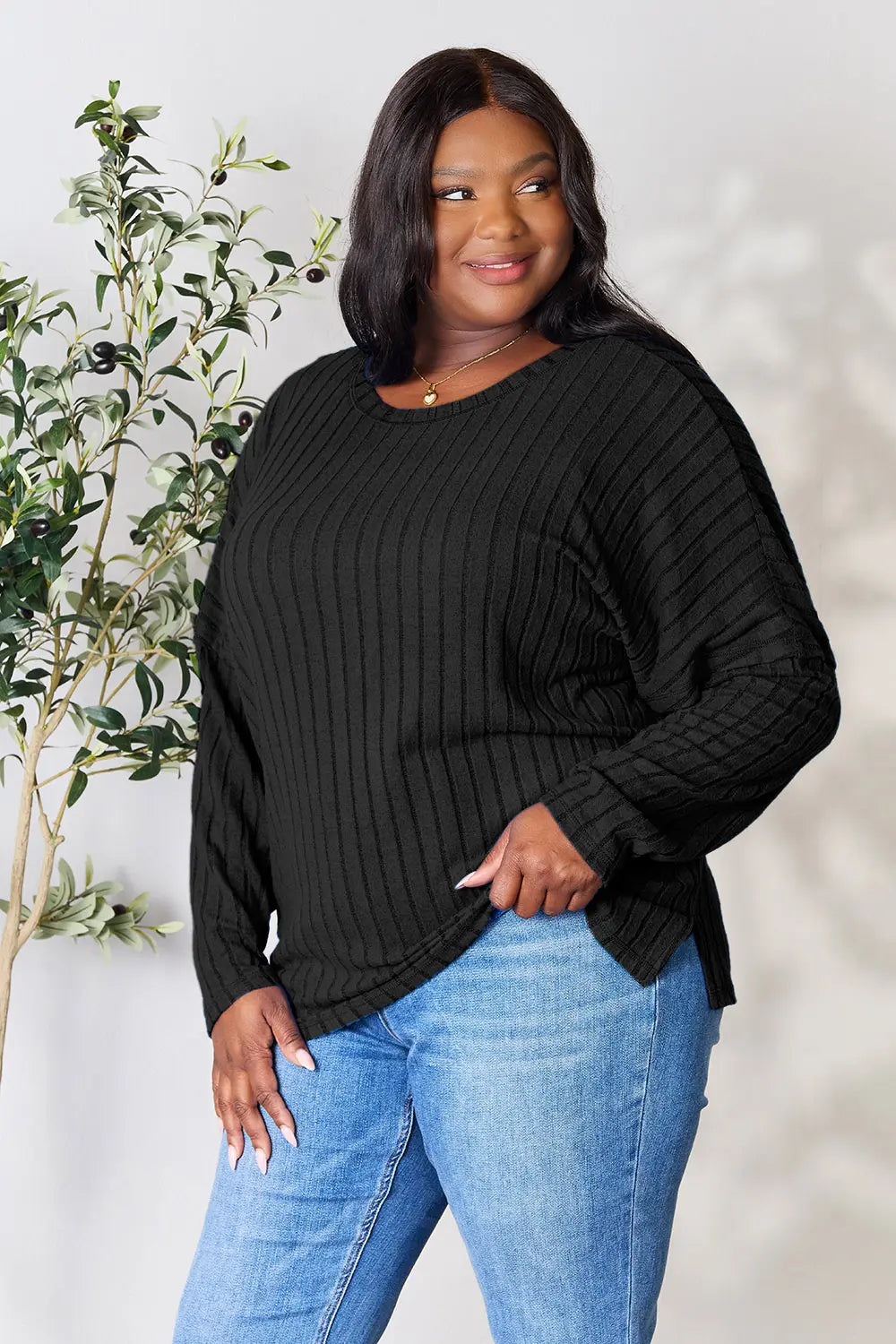 Basic Bae Full Size Ribbed Round Neck Slit Knit Top - LoveNest Treasures