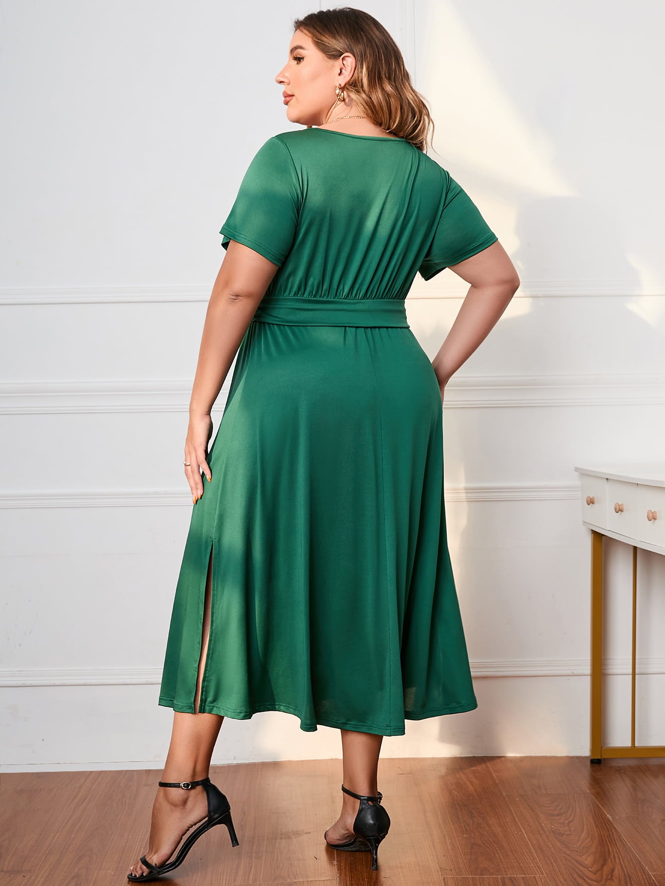 Honey Plus Size Short Sleeve Surplice Neck Midi Dress - LoveNest Treasures