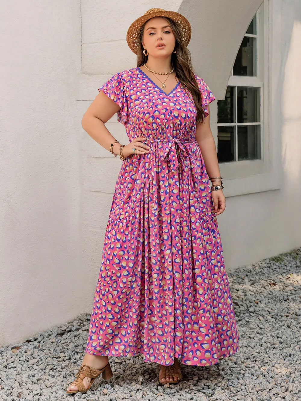 Plus Size Printed V-Neck Flutter Sleeve Tie Waist Maxi Dress - LoveNest Treasures