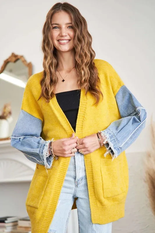 ADORA Full Size Frayed Denim Sleeve Sweater Cardigan Plus Size - LoveNest Treasures