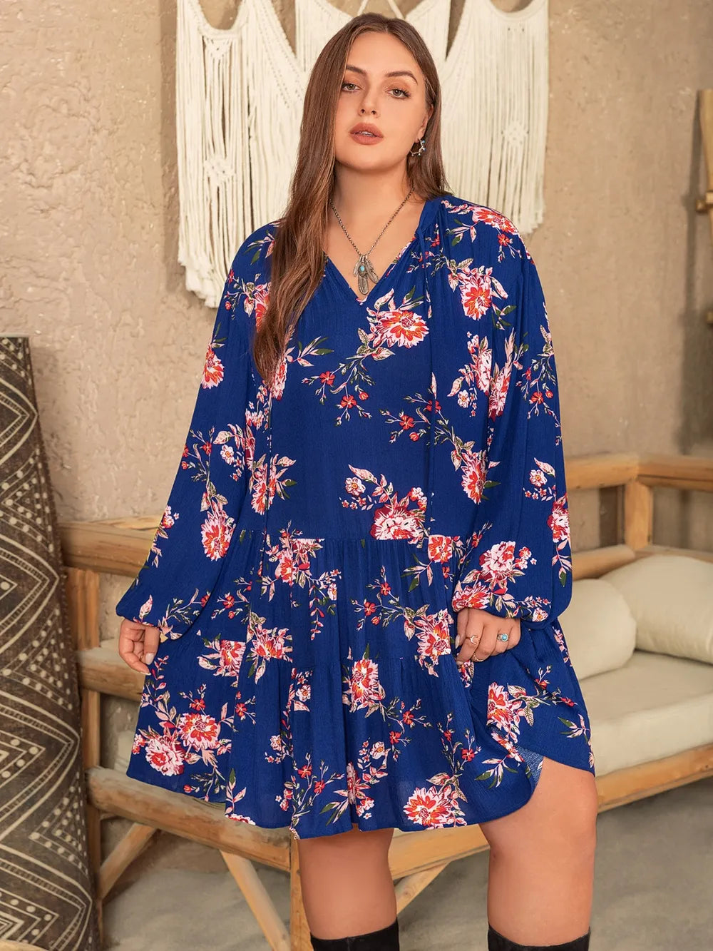 Plus Size Printed Tie Neck Balloon Sleeve Mini Dress - LoveNest Treasures