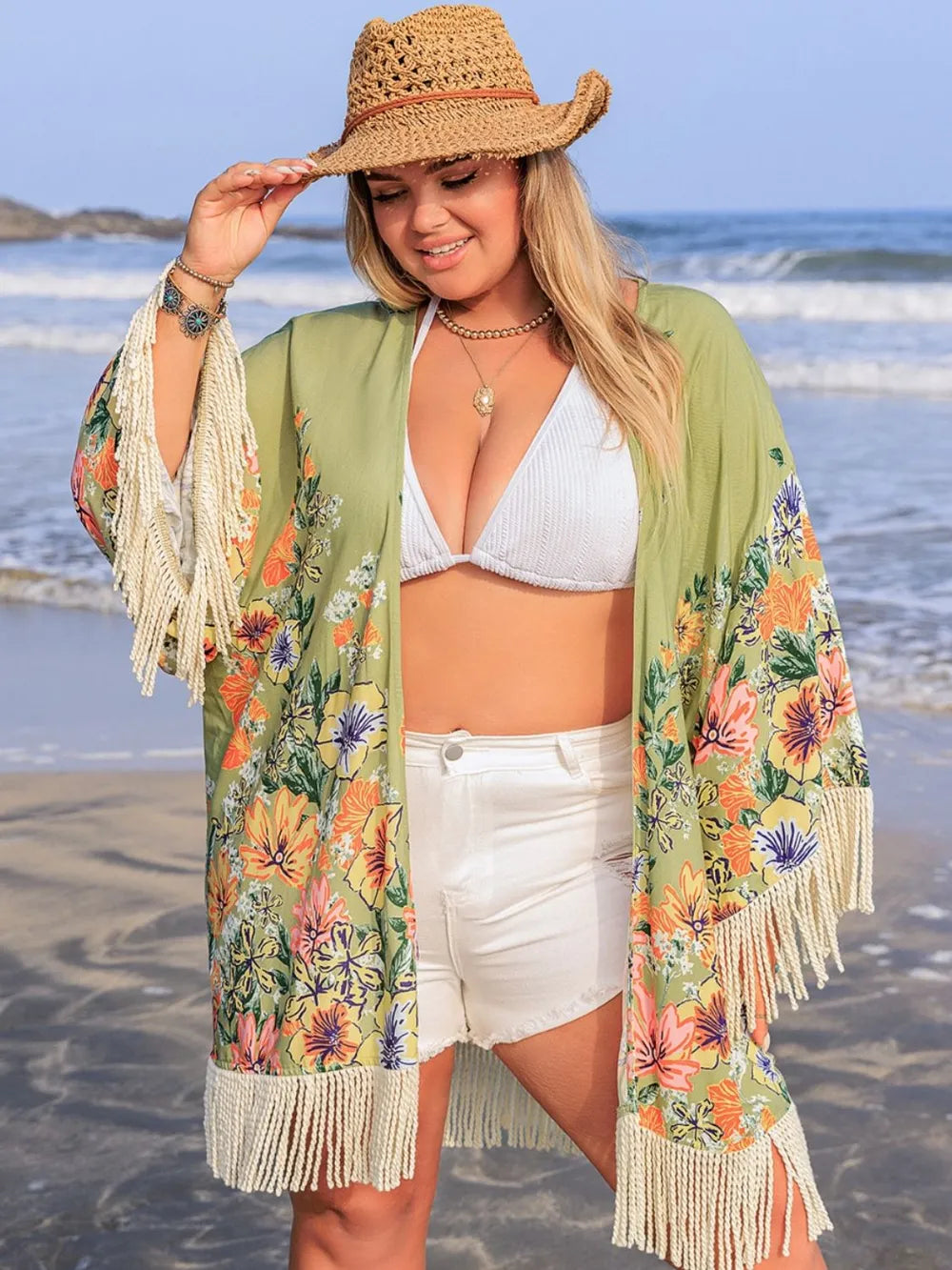 Plus Size Fringe Open Front Cover-Up - LoveNest Treasures
